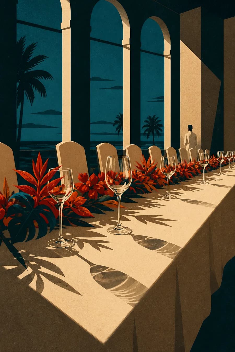 A set table under evening light in a club ballroom with tall windows.
