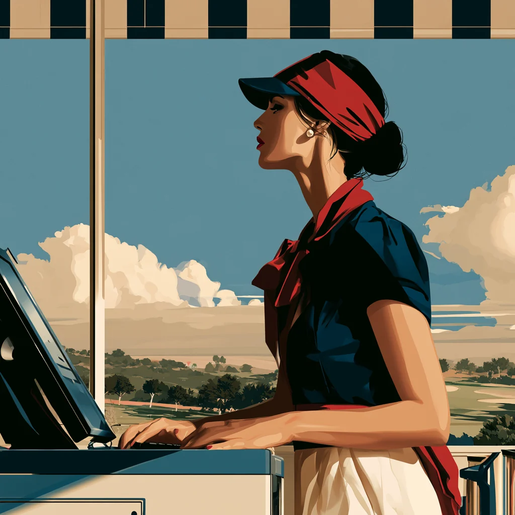A club attendant in a red visor at a register under a striped awning, drawn as a flat resort poster against hills and sky.