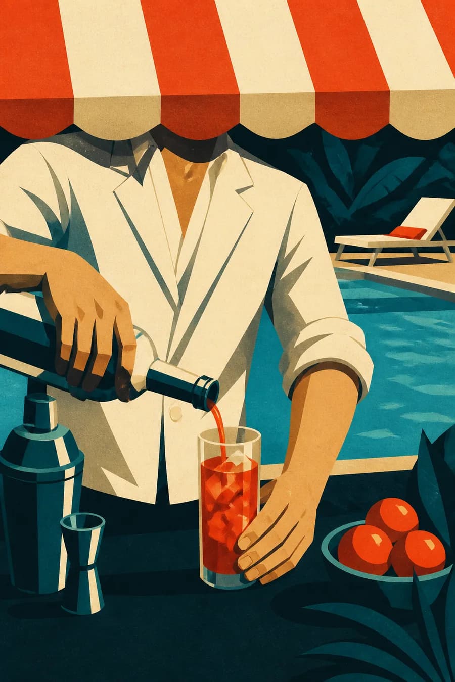 A bartender pouring at a poolside bar beneath a striped awning.